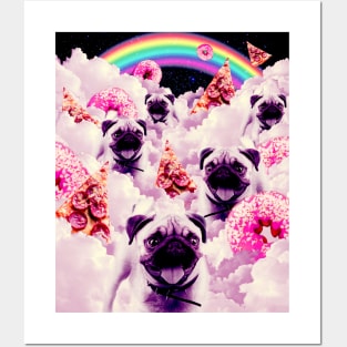 Pugs In The Clouds With Doughnut, Pizza, Rainbow Posters and Art